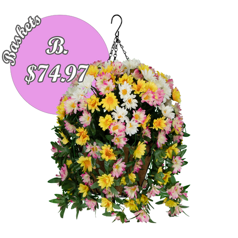 B. Yellow White and Pink Daisies Hanging Basket with the Rental Shepherd Hook