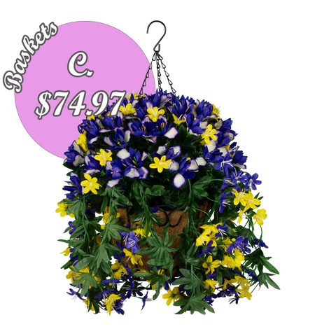 C. Purple Iris and Stargrass Wildflowers Hanging Basket with the Rental Shepherd Hook