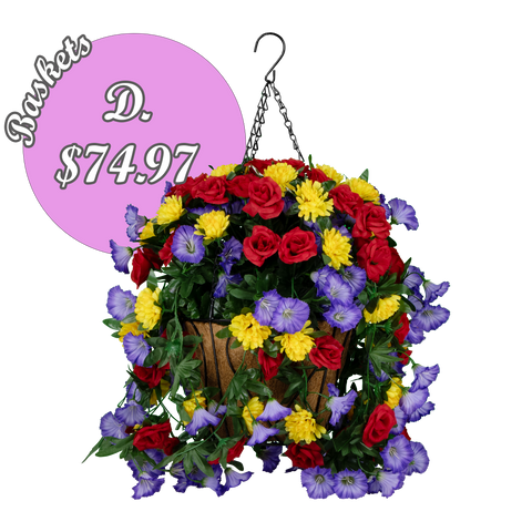 D. Red Roses Purple Morning Glories and Yellow Mums Hanging Basket with the Rental Shepherd Hook