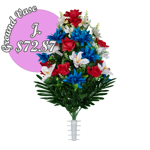 J. Red Roses, White Orchid & Blue Dahlia